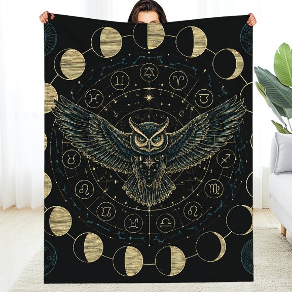 RKSupls Warm and Cozy Throw, Zodiac Owl With Moon Phases Soft Flannel Fleece Blanket - Reversible All-Season Comfort Soft Throw for Couch, Travel, Camping