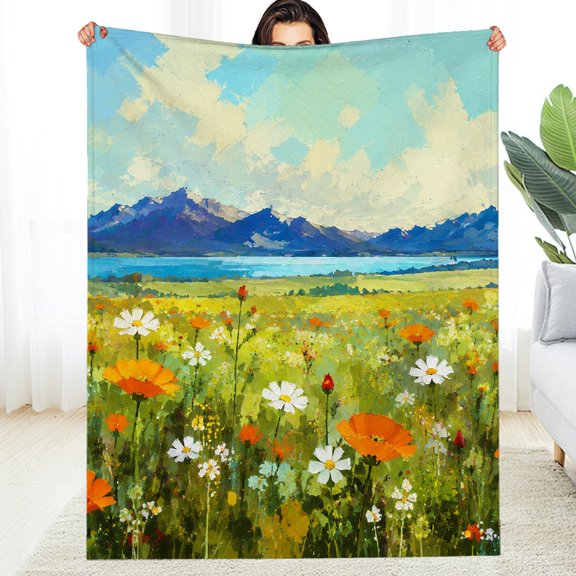RKSupls  Warm and Cozy Throw, Mountain Meadow Poppy Field  All-Season Blanket  - Allergy Air Conditioning Soft Throw for Couch, Travel, Camping