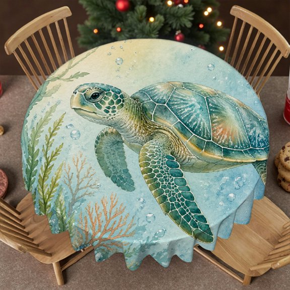 RKSupls Watercolor Sea Turtle 60-Inch Round Tablecloth for Dining Table, Polyester Tablecloths - Machine-Made Soft Family Round Table Cover , Idea for Home Dining, Banquets