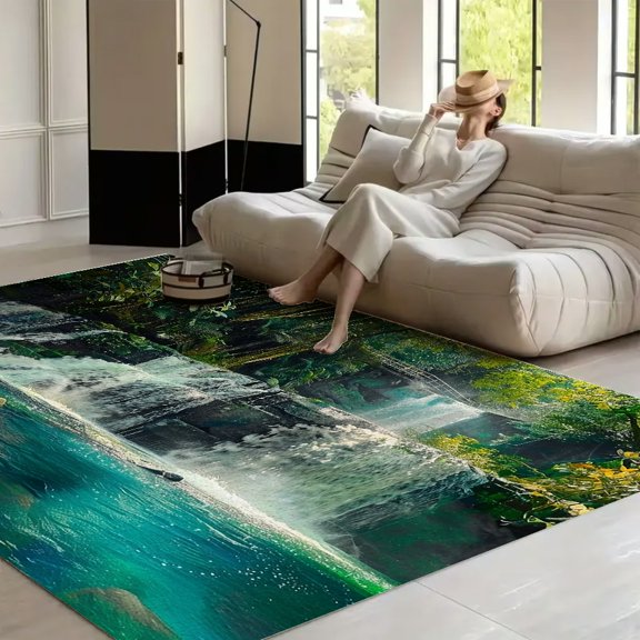 RKSupls Waterfall Forest Bridge Pool Soft Fluffy Velvet Area Rug for Living Room Bedroom, Non-Slip Washable Carpet, Modern Minimalist Home Decor Floor Mat