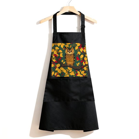 RKSupls Waterproof Bib Apron with 3 Pockets, Autumn Owl Branch Berries Adjustable Neck Strap Soft Polyester Water Resistant Apron for Kitchen Restaurant Home Use