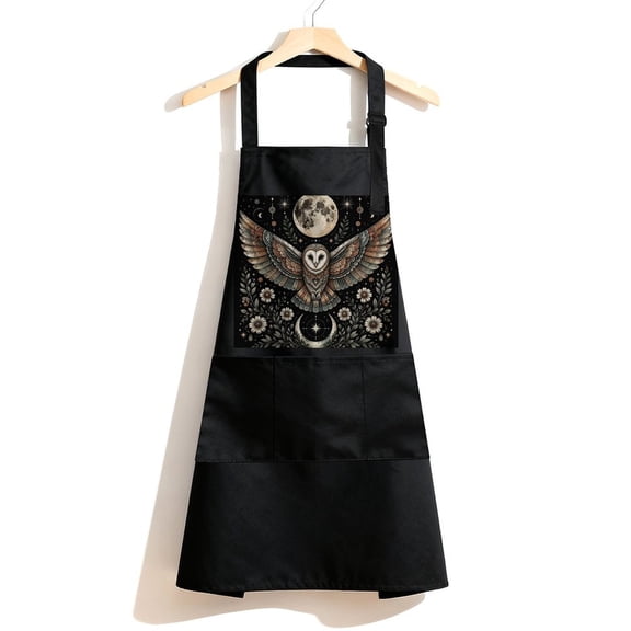 RKSupls Waterproof Bib Apron with 3 Pockets, Barn Owl Beneath Full Moon Adjustable Neck Strap Soft Polyester Water Resistant Apron for Kitchen Restaurant Home Use