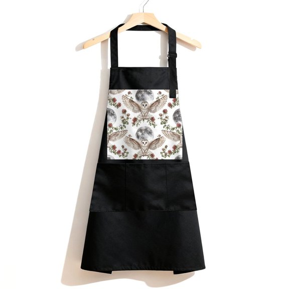 RKSupls Waterproof Bib Apron with 3 Pockets, Barn Owl with Clover And Moon Adjustable Neck Strap Soft Polyester Water Resistant Apron for Kitchen Restaurant Home Use