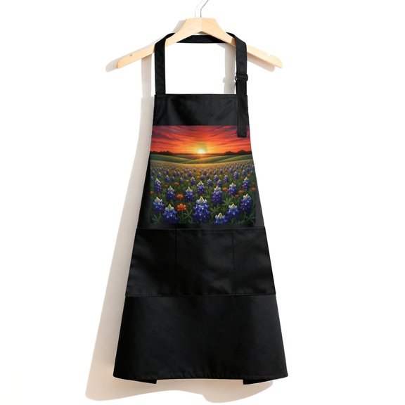 RKSupls Waterproof Bib Apron with 3 Pockets, Beautiful Texas Bluebonnets Field Adjustable Neck Strap Soft 100% Polyester Water Resistant Apron for Kitchen Restaurant Home Use