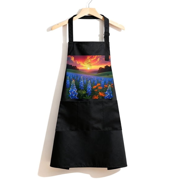 RKSupls Waterproof Bib Apron with 3 Pockets, Beautiful Texas Bluebonnets Field Adjustable Neck Strap Soft 100% Polyester Water Resistant Apron for Kitchen Restaurant Home Use