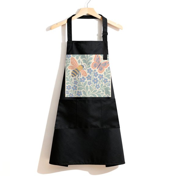 RKSupls Waterproof Bib Apron with 3 Pockets, Bee And Butterfly Garden Adjustable Neck Strap Soft Polyester Water Resistant Apron for Kitchen Restaurant Home Use