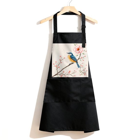 RKSupls Waterproof Bib Apron with 3 Pockets, Bird Cherry Blossom Adjustable Neck Strap Soft Polyester Water Resistant Apron for Kitchen Restaurant Home Use