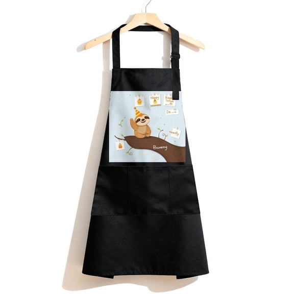 RKSupls Waterproof Bib Apron with 3 Pockets, Birthday Sloth Branch Party Adjustable Neck Strap Soft Polyester Water Resistant Apron for Kitchen Restaurant Home Use