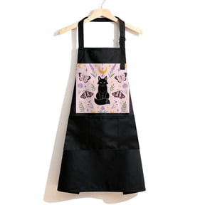 RKSupls Waterproof Bib Apron with 3 Pockets, Black Fox And Butterflies Adjustable Neck Strap Soft Polyester Water Resistant Apron for Kitchen Restaurant Home Use