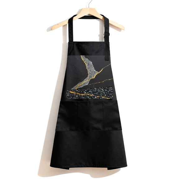 RKSupls Waterproof Bib Apron with 3 Pockets, Black Gold Marble Texture Adjustable Neck Strap Soft Polyester Water Resistant Apron for Kitchen Restaurant Home Use