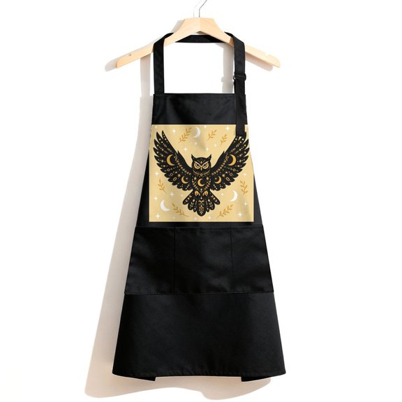 RKSupls Waterproof Bib Apron with 3 Pockets, Black Owl Gold Adjustable Neck Strap Soft Polyester Water Resistant Apron for Kitchen Restaurant Home Use