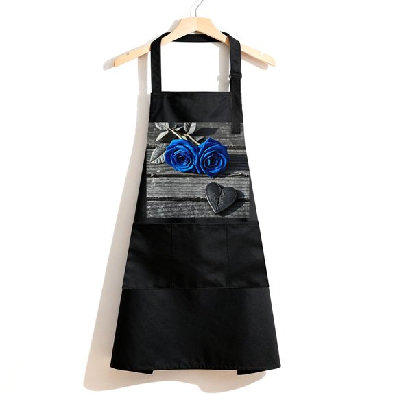 RKSupls Waterproof Bib Apron with 3 Pockets, Blue Roses Heart Love Romantic Adjustable Neck Strap Soft Polyester Water Resistant Apron for Kitchen Restaurant Home Use