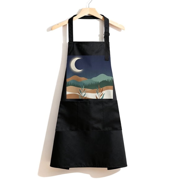 RKSupls Waterproof Bib Apron with 3 Pockets, Boho Sun Moon Mountains Adjustable Neck Strap Soft 100% Polyester Water Resistant Apron for Kitchen Restaurant Home Use