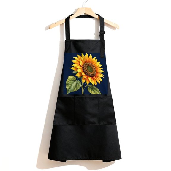 RKSupls Waterproof Bib Apron with 3 Pockets, Botanical Sunflower Navy Blue.png Adjustable Neck Strap Soft Polyester Water Resistant Apron for Kitchen Restaurant Home Use