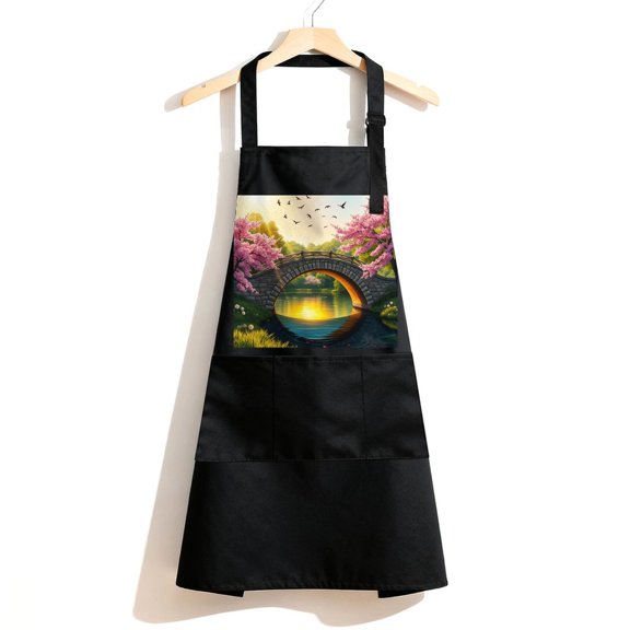 RKSupls Waterproof Bib Apron with 3 Pockets, Bridge Cherry Blossom Lake Sunset Adjustable Neck Strap Soft Polyester Water Resistant Apron for Kitchen Restaurant Home Use