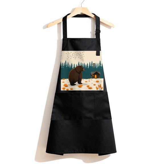 RKSupls Waterproof Bib Apron with 3 Pockets, Brown Bear Forest Cabin Adjustable Neck Strap Soft Polyester Water Resistant Apron for Kitchen Restaurant Home Use