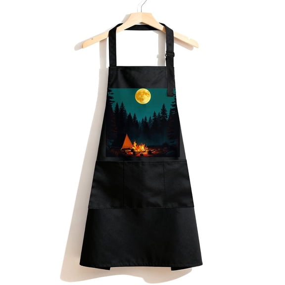 RKSupls Waterproof Bib Apron with 3 Pockets, Camping Moon Night Adjustable Neck Strap Soft Polyester Water Resistant Apron for Kitchen Restaurant Home Use