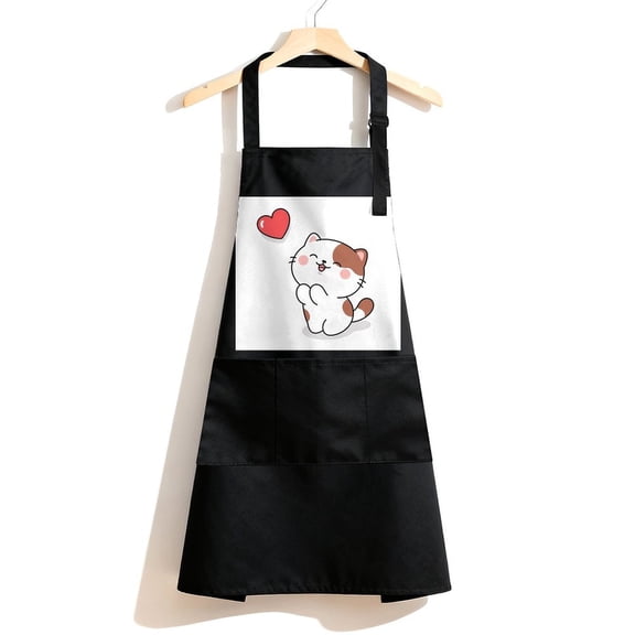 RKSupls Waterproof Bib Apron with 3 Pockets, Cat With Heart Adjustable Neck Strap Soft Polyester Water Resistant Apron for Kitchen Restaurant Home Use