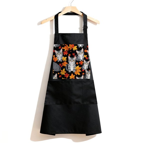 RKSupls Waterproof Bib Apron with 3 Pockets, Cat Maple Leaf Adjustable Neck Strap Soft Polyester Water Resistant Apron for Kitchen Restaurant Home Use