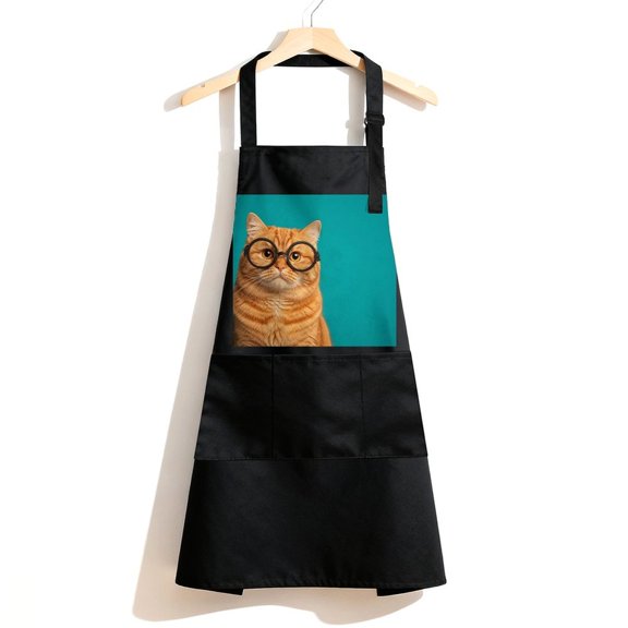 RKSupls Waterproof Bib Apron with 3 Pockets, Cat With Round Glasses Adjustable Neck Strap Soft Polyester Water Resistant Apron for Kitchen Restaurant Home Use