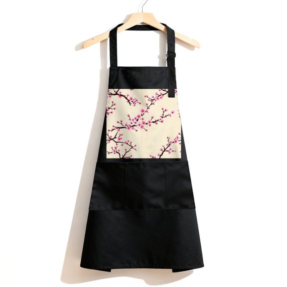 RKSupls Waterproof Bib Apron with 3 Pockets, Cherry Blossom Branch Pink Spring Adjustable Neck Strap Soft Polyester Water Resistant Apron for Kitchen Restaurant Home Use