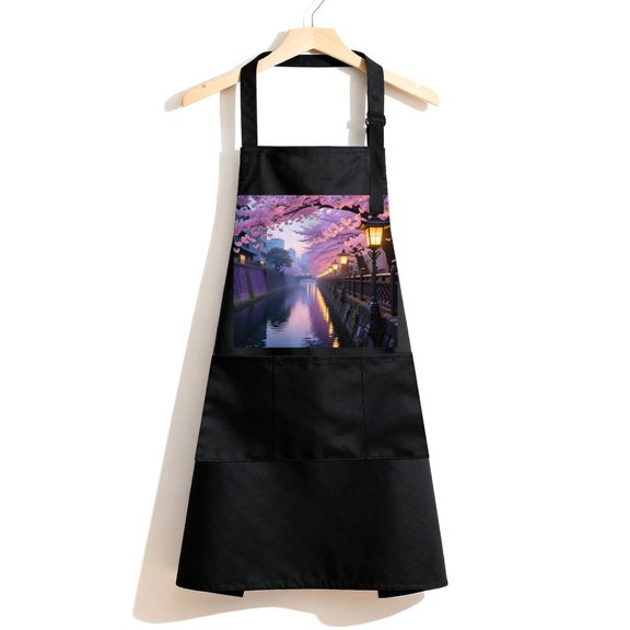 RKSupls Waterproof Bib Apron with 3 Pockets, Cherry Blossom Trees Spring Pink Forest Adjustable Neck Strap Soft 100% Polyester Water Resistant Apron for Kitchen Restaurant Home Use