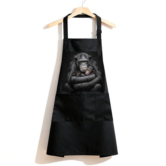 RKSupls Waterproof Bib Apron with 3 Pockets, Chimpanzee Mother Baby Adjustable Neck Strap Soft Polyester Water Resistant Apron for Kitchen Restaurant Home Use