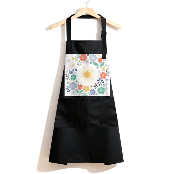 RKSupls Waterproof Bib Apron with 3 Pockets, Colorful Floral Sunburst Adjustable Neck Strap Soft Polyester Water Resistant Apron for Kitchen Restaurant Home Use