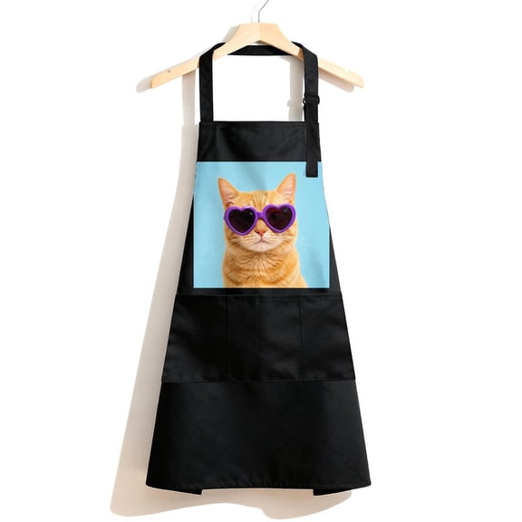 RKSupls Waterproof Bib Apron with 3 Pockets, Cool Cat in Purple Heart Shades Adjustable Neck Strap Soft Polyester Water Resistant Apron for Kitchen Restaurant Home Use