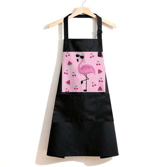 RKSupls Waterproof Bib Apron with 3 Pockets, Cool Flamingo Fruits Pattern Adjustable Neck Strap Soft 100% Polyester Water Resistant Apron for Kitchen Restaurant Home Use
