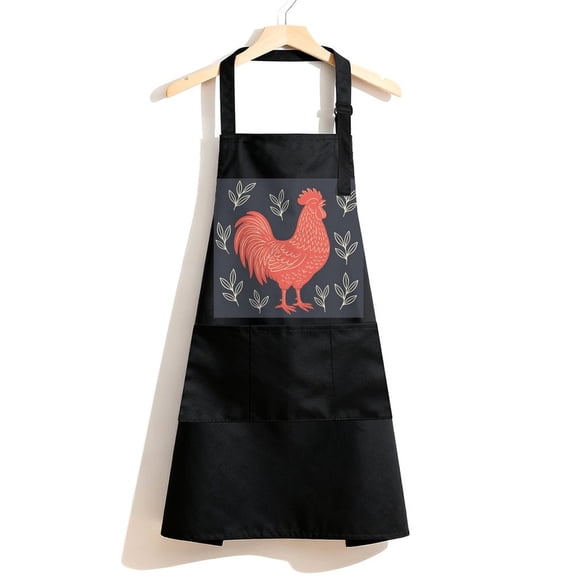 RKSupls Waterproof Bib Apron with 3 Pockets, Coral Rooster with Cream Leaves Adjustable Neck Strap Soft Polyester Water Resistant Apron for Kitchen Restaurant Home Use