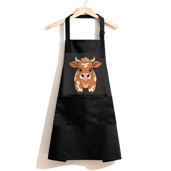 RKSupls Waterproof Bib Apron with 3 Pockets, Cow Cute Cartoon Brown Animal Adjustable Neck Strap Soft Polyester Water Resistant Apron for Kitchen Restaurant Home Use