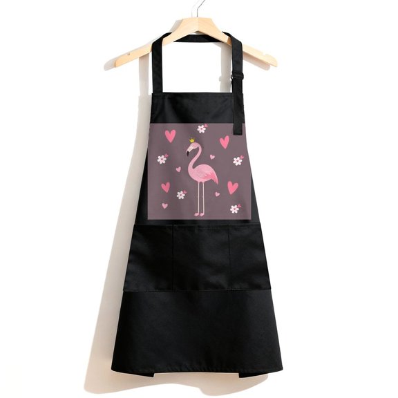 RKSupls Waterproof Bib Apron with 3 Pockets, Crowned Flamingo With Flowers Adjustable Neck Strap Soft 100% Polyester Water Resistant Apron for Kitchen Restaurant Home Use