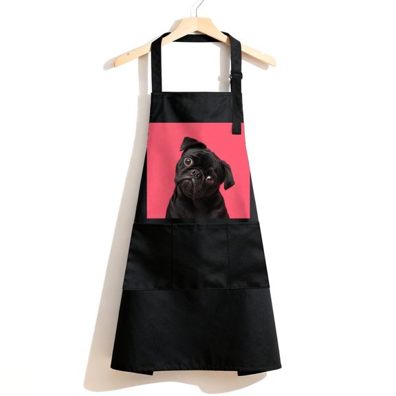 RKSupls Waterproof Bib Apron with 3 Pockets, Curious Black Pug Tilting Head Adjustable Neck Strap Soft Polyester Water Resistant Apron for Kitchen Restaurant Home Use