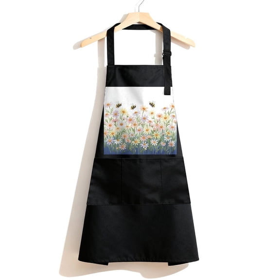 RKSupls Waterproof Bib Apron with 3 Pockets, Daisy Garden with Butterflies And Bees Adjustable Neck Strap Soft 100% Polyester Water Resistant Apron for Kitchen Restaurant Home Use