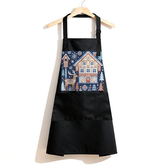 RKSupls Waterproof Bib Apron with 3 Pockets, Deer By Gingerbread House Adjustable Neck Strap Soft Polyester Water Resistant Apron for Kitchen Restaurant Home Use