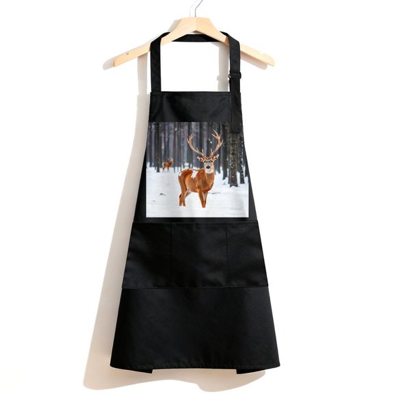 RKSupls Waterproof Bib Apron with 3 Pockets, Deer Winter Snow Woodland Adjustable Neck Strap Soft Polyester Water Resistant Apron for Kitchen Restaurant Home Use