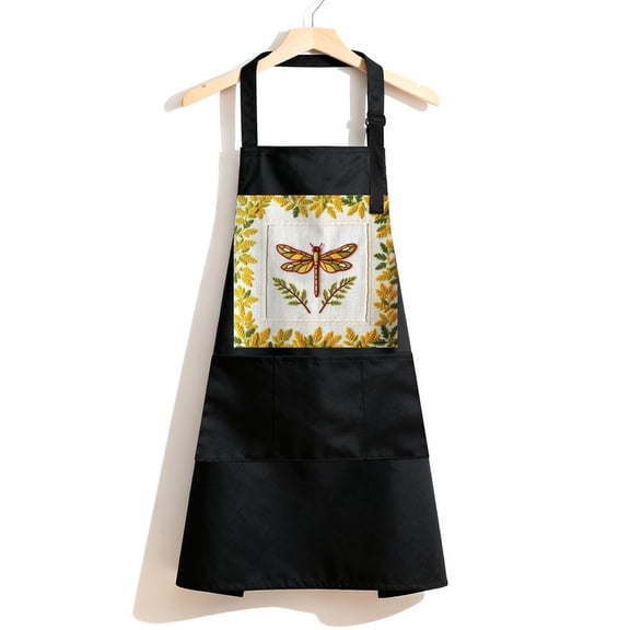 RKSupls Waterproof Bib Apron with 3 Pockets, Dragonfly Embroidery Leaf Pattern Adjustable Neck Strap Soft Polyester Water Resistant Apron for Kitchen Restaurant Home Use