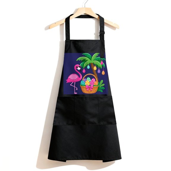 RKSupls Waterproof Bib Apron with 3 Pockets, Easter Flamingo With Basket Adjustable Neck Strap Soft 100% Polyester Water Resistant Apron for Kitchen Restaurant Home Use