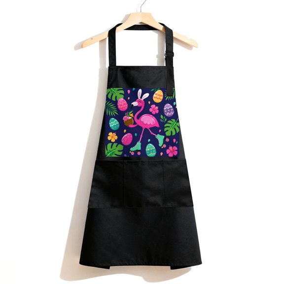 RKSupls Waterproof Bib Apron with 3 Pockets, Easter Flamingo On Skates Adjustable Neck Strap Soft 100% Polyester Water Resistant Apron for Kitchen Restaurant Home Use