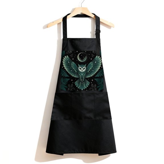 RKSupls Waterproof Bib Apron with 3 Pockets, Emerald Owl With Ferns And Moon Phases Adjustable Neck Strap Soft Polyester Water Resistant Apron for Kitchen Restaurant Home Use
