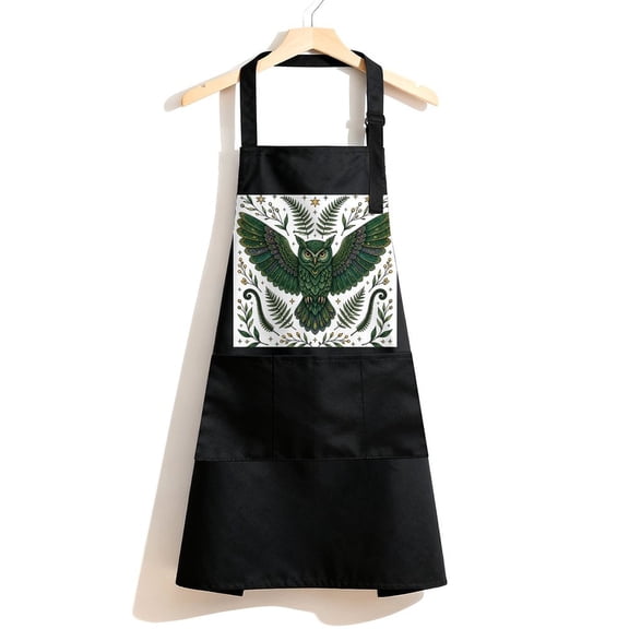 RKSupls Waterproof Bib Apron with 3 Pockets, Emerald Owl With Ferns And Stars Adjustable Neck Strap Soft Polyester Water Resistant Apron for Kitchen Restaurant Home Use