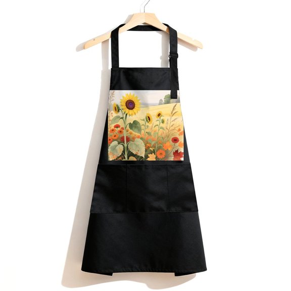 RKSupls Waterproof Bib Apron with 3 Pockets, Farmhouse Sunflower Adjustable Neck Strap Soft 100% Polyester Water Resistant Apron for Kitchen Restaurant Home Use