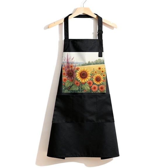 RKSupls Waterproof Bib Apron with 3 Pockets, Farmhouse Sunflower Adjustable Neck Strap Soft 100% Polyester Water Resistant Apron for Kitchen Restaurant Home Use