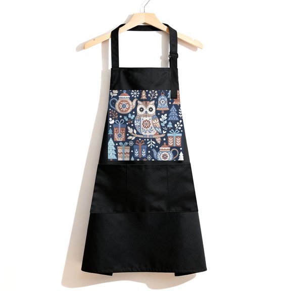 RKSupls Waterproof Bib Apron with 3 Pockets, Festive Owl With Holiday Gifts Adjustable Neck Strap Soft Polyester Water Resistant Apron for Kitchen Restaurant Home Use