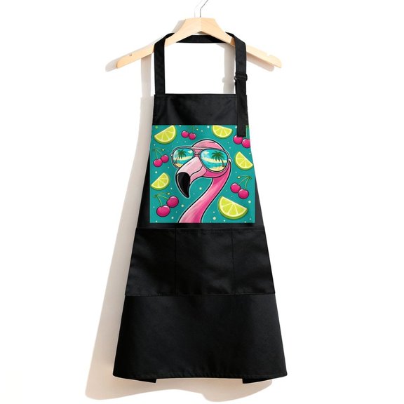 RKSupls Waterproof Bib Apron with 3 Pockets, Flamingo Beach Sunglasses Cherry Lime Adjustable Neck Strap Soft 100% Polyester Water Resistant Apron for Kitchen Restaurant Home Use