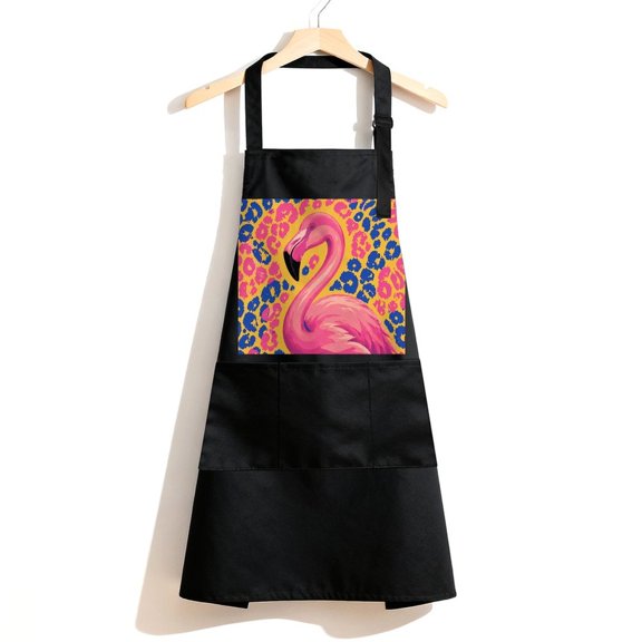 RKSupls Waterproof Bib Apron with 3 Pockets, Flamingo On Leopard Print Background Adjustable Neck Strap Soft 100% Polyester Water Resistant Apron for Kitchen Restaurant Home Use