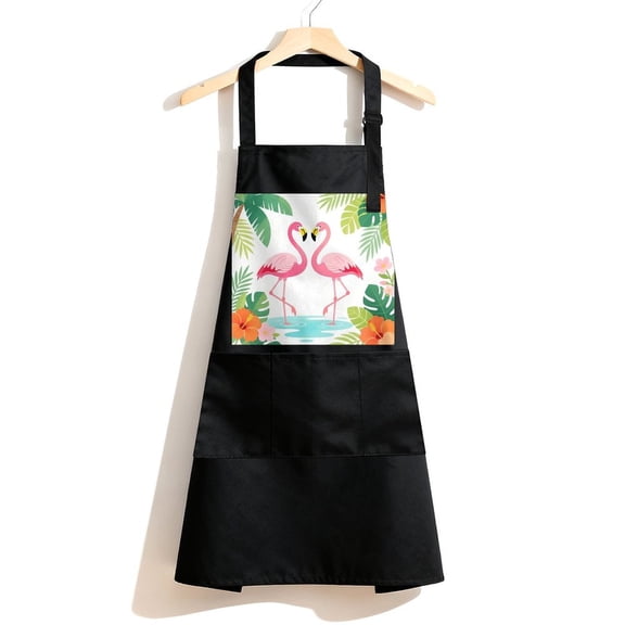 RKSupls Waterproof Bib Apron with 3 Pockets, Flamingo Tropical Green Leaf Flower Adjustable Neck Strap Soft 100% Polyester Water Resistant Apron for Kitchen Restaurant Home Use