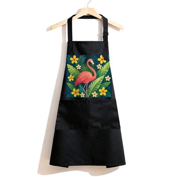 RKSupls Waterproof Bib Apron with 3 Pockets, Flamingo with Tropical Leaves And Yellow Flowers Adjustable Neck Strap Soft 100% Polyester Water Resistant Apron for Kitchen Restaurant Home Use
