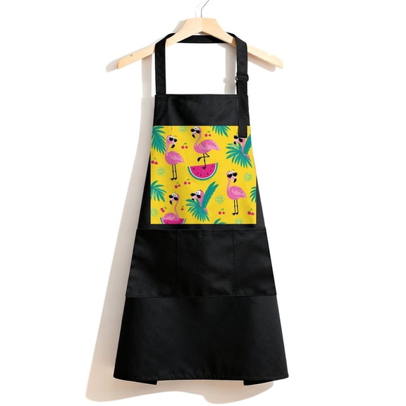 RKSupls Waterproof Bib Apron with 3 Pockets, Flamingo Watermelon Cherry Tropical Pattern Adjustable Neck Strap Soft 100% Polyester Water Resistant Apron for Kitchen Restaurant Home Use